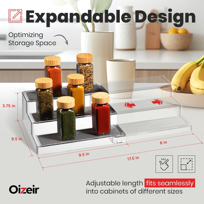 Oizeir Expandable Spice Organizer Rack (2-PACK) - 3-Tier - Clear