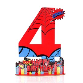 Spider 4th Birthday Number Sign Centerpiece, Cool Wooden Number 4 Stand Sign Spider Theme Happy Birthday Table Decor Supplies for Birthdays Party Decorations Photo Props