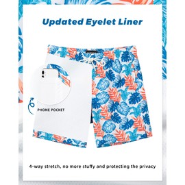 SURF CUZ Mens Swim Trunks with Compression Liner 7" Swimming Trunks Quick Dry Swim Shorts Stretch Bathing Suit Board Shorts Zipper Pockets Multi-Colored Leaves X-Large