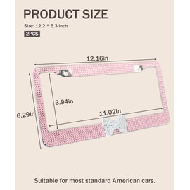 bylikeho License Plate Frame,Cute Car Accessories Stainless Steel Crystal Car Plate Covers,Shiny Rhinestones Premium License Plate Holder with Mounting Bolts,License Plate Frames (White&Pink)