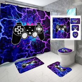 4Pcs Boys Shower Curtain Set for Bathroom Gaming Decor, Game Bathroom Sets with Gamepad Bath Rugs Toilet Lid Cover, Purple Lightning Painting Gaming Shower Curtain Washable, Blue (70 x 70 Inch)