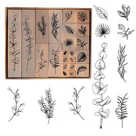 Wooden Rubber Stamps,22PCS Plant Patterns Rubber Stamp with 4 Sizes,Vintage Natural Floral Wooden Stamps for Postcards,DIY Crafts, Scrapbooking (Leaf)