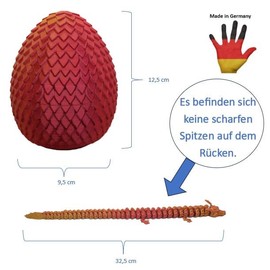 3D Printed Dragon Egg with Fire Dragon, Made in Germany, Fully Movable Dragon with Flexible Joints, Ideal as Decoration (Red/Gold)