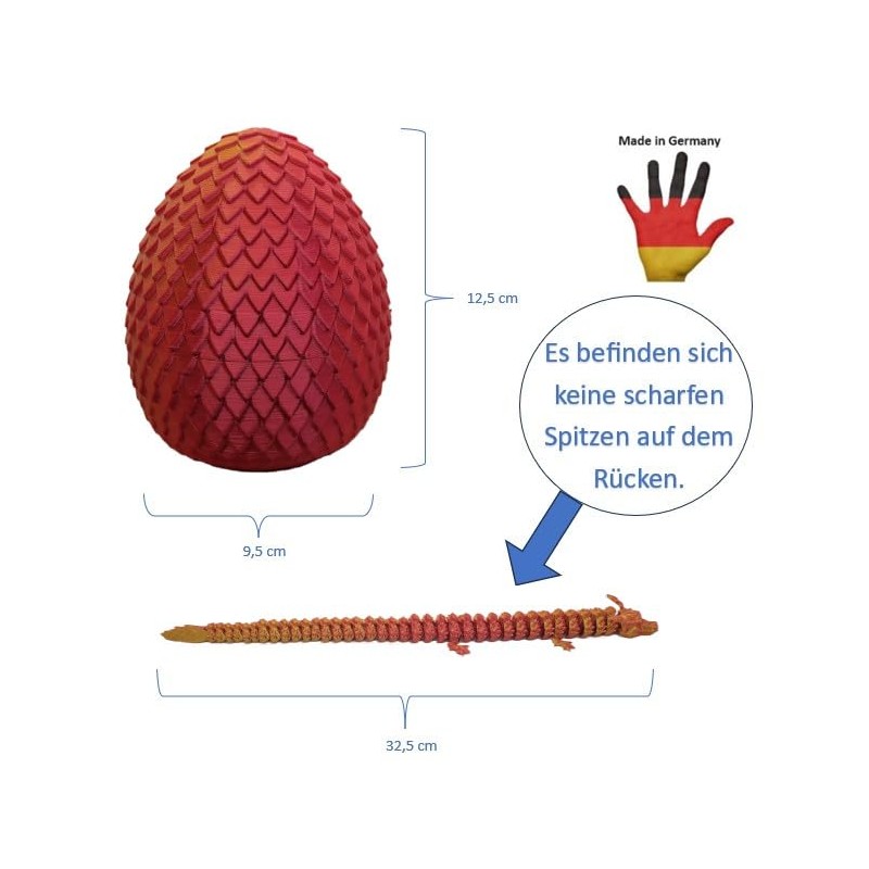 3D Printed Dragon Egg with Fire Dragon, Made in Germany,
