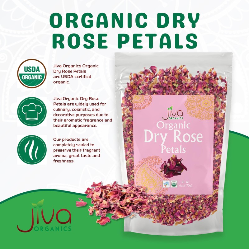 Jiva USDA Organic Dried Red Rose Petals 6 Oz (170g)