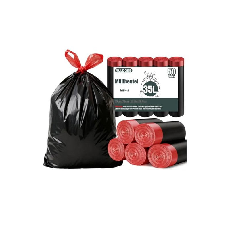 Black Bin Liners 35 L with Drawstring Pack of 50
