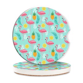 Pink Flamingo Car Cup Holder Coaster,Summer Pineapples Leaves Car Coasters for Cup Holder,2 PCS Absorbent Insert Ceramic Car Assecories with Cork Back & Finger Notch for Women Men