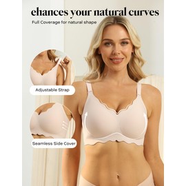 COMFELIE Seamless Bra for Women with A Fuller Bust Without Wires Lace Trim Deep V U-Shaped Back Pink L