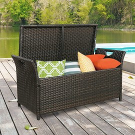 Ulax Furniture Outdoor Patio Wicker Storage Bench Box with Cushion (Beige)