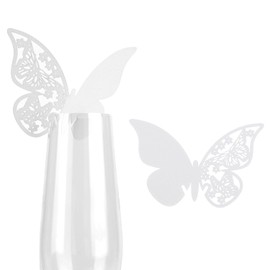 Tarjetas de identificación de copa de vino con mariposa, 50 etiquetas de papel perlado cortadas con láser para decoración de mesa de boda, fiesta, color blanco