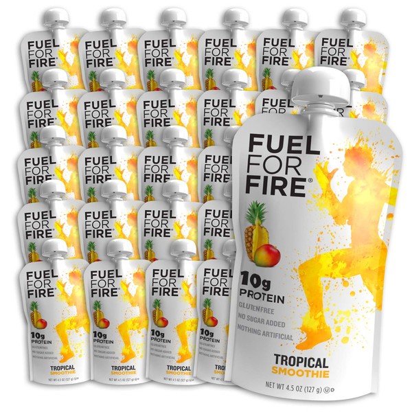Fuel For Fire - Tropical (24 Pack) Fruit & Protein Smoothie Squeeze Pouch | Perfect for Workouts, Kids, Snacking - Gluten Free, Soy Free, Kosher (4.5 ounce pouches)