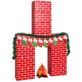 Fullhawl 34 Pcs 3D Christmas Cardboard Fireplace 39 x 59 Inch DIY Christmas Artificial Fireplace with Stocking 3D Fire Flame Prop Pine Garland Fake Fire Place Backdrop for Xmas Decor(Red Brick)