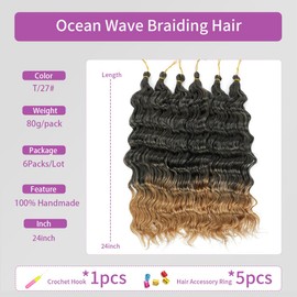 24 Inch Ocean Wave Crochet Hair 6 Packs Deep Wave Braiding Hair Curl Crochet Synthetic Braids Hair Extension for Women (1B/27#, 24 Inch 6 Packs)