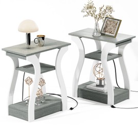 FROMJBEST End Tables Living Room Set of 2,Grey End Table with Charging Station,Grey Side Table, Nightstand for Bedroom, 3 Tier End Table with Storage Shelf for Living Room