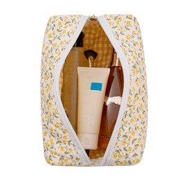 HHQQWZ Makeup Bag Travel Cosmetic Bag for Women Girls, Zipper Make Up Pouch, Floral Flowers Toiletry Organizer Makeup, Portable Storage Cosmetic Travel Cloth Bag (Yellow Floral)