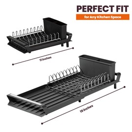 Dish Drying Rack, Expandable Kitchen Dish Racks for Kitchen Counter with Inclined Sloped Drain, Removable Stainless Steel Plate Rack & Utensil Holder, Collapsible Dish Drainer Grey, 11-19 in