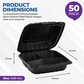 8" X 8" 3-Compartment To Go Food Take Out Containers Boxes With Lids | 50 Pack Microwaveable Black Mineral-Filled Disposable Togo Plates Clamshell Containers With Dividers For Lunch Home Carry Away