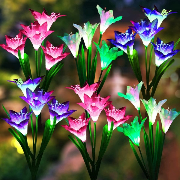 Solar Lights Outdoor Garden Decor, LETMY 6 Pack Upgraded Solar Garden Lights with 24 Lily Flowers, Waterproof Color Changing Outdoor Lights Solar Powered Flower Lights for Patio Yard Garden Decoration