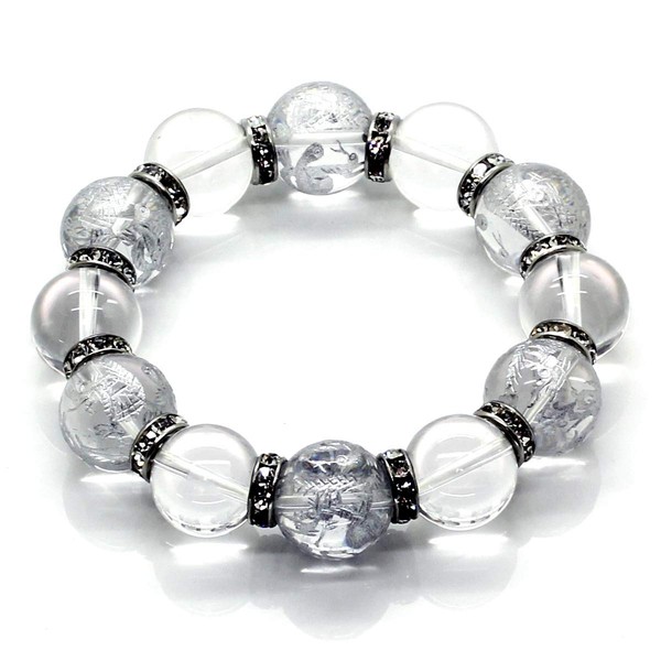 Ishiki B329 Natural Stone Crystal 0.6 inch (16 mm) Silver Carved Four God Beast Crystal 0.6 inch (16 mm) Prayer Beads Bracelet for Money Luck Work Luck, Stone, Quartz