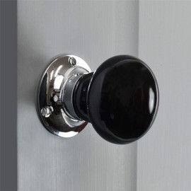 Pair of Ceramic Sprung Door Knobs inc. Spindle & Fixing Screws - Midnight Black/Chrome Back Plate