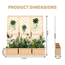 Cedar Privacy Screen with Planter Box - 3-Panel Freestanding Garden Fence, 62"x10"x65" Tall Outdoor Divider with Drain Holes & Raised Bed for Patio, Deck & Backyard (Natural Wood)