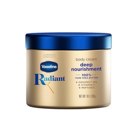 Crema corporal Vaseline Radiant X Nutrición profunda con manteca de karité 100% pura, aceite de coco, vitamina C y péptidos 10 oz