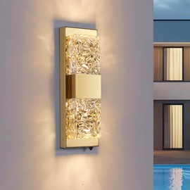 HITOO Dusk to Dawn Outdoor Lighting Fixture Wall Mounted - 14.2'' Waterproof Wall Sconce with 12W LED Bulbs Crystal Modern Outside Wall Lamp for Hallway Doorway Porch Patio Backyard, Gold, 1PCS