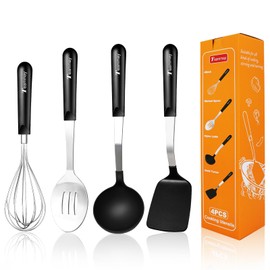 Teammay Cooking Utensils Set of 4-316 Stainless Steel Kitchen Utensils Set, 446°F Heat Resistant & Non Toxic Serving Utensils for Non-Stick Cookware Include Solid Spatula Ladle Slotted Spoon Whisk