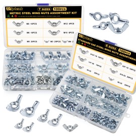 Siptenk Wing Nuts 200PCS, Metric & SAE Wingnuts 13 Assorted Sizes Carbon Steel Zinc Plated Butterfly Wing Nut M3-M12 6-32 to 3/8"-16 Fasteners Hardware Assortment Kit | Siptenk