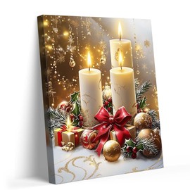 Vintage Christmas Wall Art Decor, Candles Festive Aesthetic Farmhouse Canvas Wall Art Prints for Living Room Bedroom Kitchen, Xmas Winter Holiday Decorations Wall Artwork Picture Framed, 24x30in