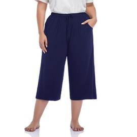 ZERDOCEAN Women's Plus Size Wide Leg Casual Lounge Pants Comfy Capris Relaxed Pajama Bottoms Drawstring Pockets Navy 2X
