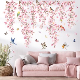 wondever Cherry Blossom Flower Vine Wall Stickers Pink Hanging Floral Tree Branch Birds Peel and Stick Wall Art Decals for Bedroom Living Room Sofa