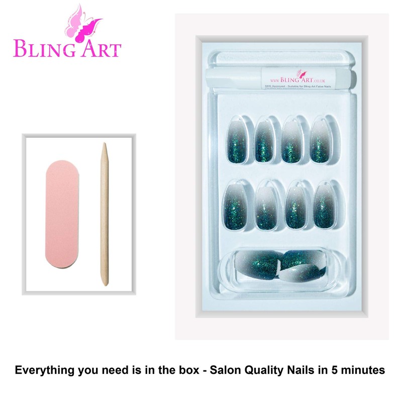 Bling Art False Nails Black Gel Ombre Ballerina Coffin 24