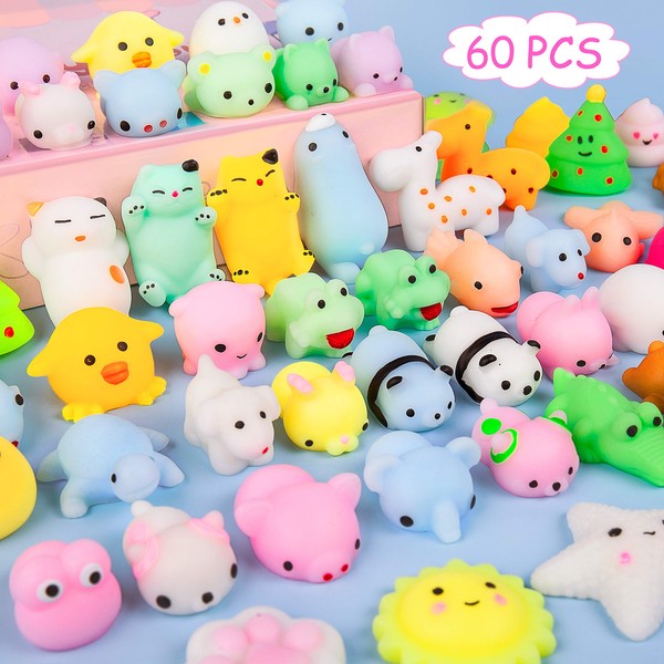 Kizcity 60 Pcs Mochi Squishies, Kawaii Squishy Toys for Party Favors, Animal Squishies Stress Relief Toys for Boys & Girls Birthday Gifts, Classroom Prize, Goodie Bag