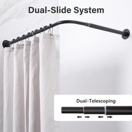 Crkmire L Shaped Corner Shower Curtain Rod, Adjustable [24.3" - 47.6"] x [24.3" - 47.6"] 90 Degree Square Shower Curtain Rod with 12 Hooks & Ceiling Support for Bathroom Bathtub - Matte Black