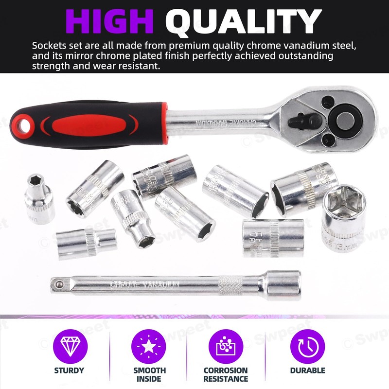 Swpeet 12Pcs 1/4 Inch Ratchet Socket Wrench Set, Drive Socket