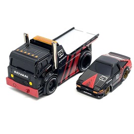 DCD JDM Flatbed Truck #25 1983-85 for Toyota Trueno Sprinter (AE86) #25 Diecast Toys in Black and Red with 'Advan' Livery
