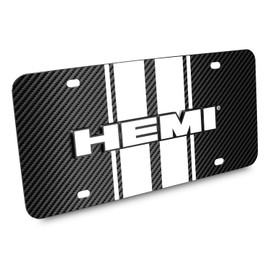iPick Image for Dodge HEMI 3D Logo in White on White Stripe Black Carbon Fiber Look Stainless Steel License Plate for Decorative