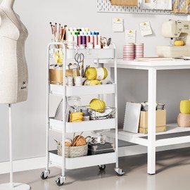 TOOLF 4-Tier Metal Rolling Cart with Wheels, Storage Utility Organizer Cart for Kitchen, Bathroom, Office, Baby Essentials & Makeup - Lockable Casters, Easy Assembly, Large Capacity, White