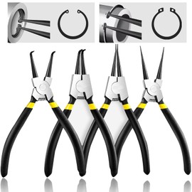 Juego de 4 Alicate de Anillo a Presión, Pinzas Craftsman, Alicates Internos y Externos de 7 ", Alicates de Mandíbula Recta/Doblada, Alicates de Clip en C, Juego de Alicate de Anillo de Resorte (Negro)