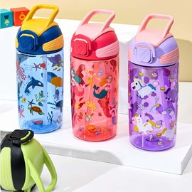 MHwan Kids Water Bottles, 550ml Robust and Shatterproof, Leakproof Water Bottle Kids with Straw, BPA-Free, Beautiful Boys Girls Water Bottles for School Travel, Portable Childrens Water Bottle