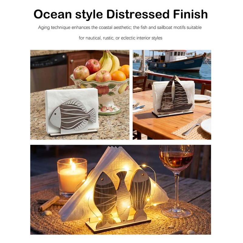 Pine Wood Napkin Holder,Ocean Style Distressed Wooden Upright Napkin Dispenser,Easy-Refill,Decorative