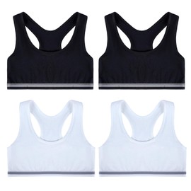Lancry 4 PCS Crop Tops for Girls Age 7-14 Soft Cotton Girls Crop Tops Unpadded Racerback Kids First Bra Sports Training Bras (UK, Age, 10 Years, 12 Years, Regular, White*2+Black*2)
