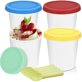 4 Envases Reutilizables para Helados 1Qt con Tapa de Silicona y Cuchara para Helados Caseros (1, Litros)