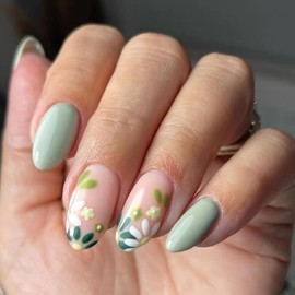 24Pcs Press on Nails Medium Short Almond French Tip Simple with Nude Green Flowers Design Fake Nails Full Cover Glossy Acrylic Glue on Nails Short Stick on Nails False Nails for Women W158