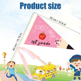 First Day of School Pennant Flag, Paper 1st Grade Flag Cute Back to School Pennant Sign with Ribbons Kids Photo Props for Schools Classroom Decoration (Pink)