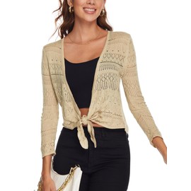 Spicy Sandia Women's Tie Front Sheer Shrug for Dresses 3/4 Sleeve Crochet Cropped Cardigan Sweater for Summer Lightweight Beige XL