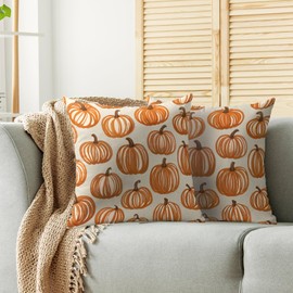 Fall Pillow Covers 18X18 Set of 2, Burnt Orange Cream Pumpkin Autumn Harvest Thanksgiving Themed Print Decorative Throw Pillowcases Outdoor Farmhouse Seasonal Cushion Cases Couch Sofa Bed Decor