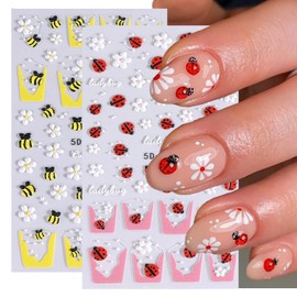 Flower Nail Sticker French Tips Nail Decals Insect Nail Art Stickers Bee Ladybug Daisy Five Petal Floral White Yellow Pink Design Cute Nails Stickers for Nails Art Summer Manicure Decor for Women