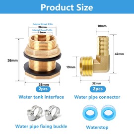 WISIRENT Brass Water Butt Feed-Through 2 Pieces Male Thread 3/4 Female Thread 1/2 in Brass Tank Screw Connection Tap Brass Hose Nozzle with 304 Hose Clamps